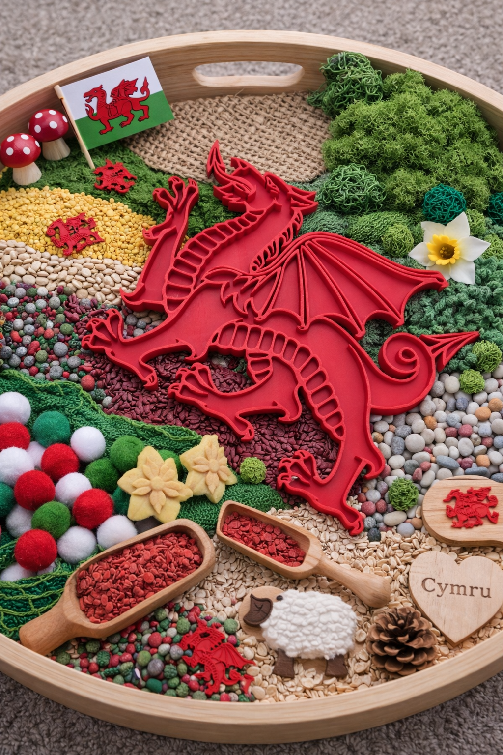 Welsh Sensory Filling Tray – Dragon, Daffodil & Leek | St David’s Day Activity | Wales Themed EYFS Play Tray