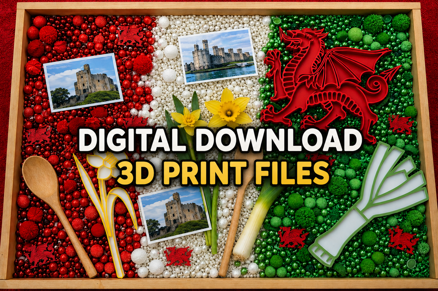 Welsh Sensory Play STL Bundle – Welsh Dragon, Daffodil & Leek 3D Print Files | Digital Download