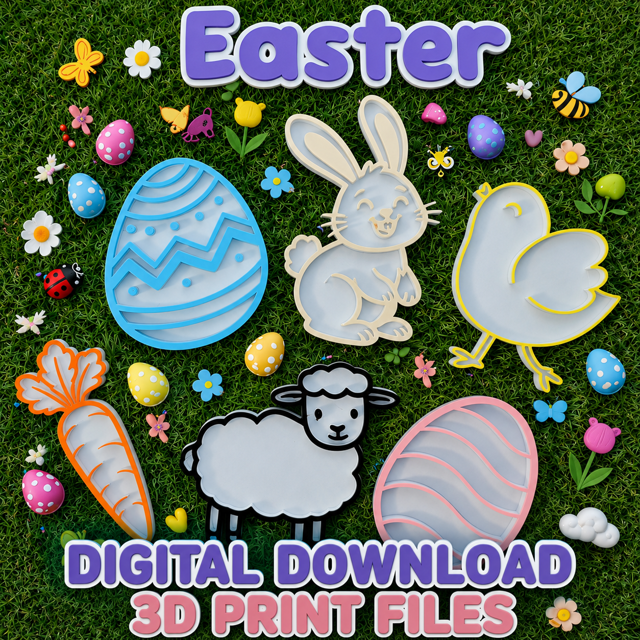 Spring Sensory Play STL Bundle – Bunny, Chick, Lamb & Egg Filling Tray 3D Print Files | Digital Download