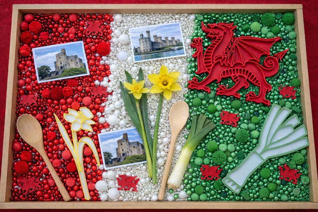 Welsh Sensory Filling Tray – Dragon, Daffodil & Leek | St David’s Day Activity | Wales Themed EYFS Play Tray
